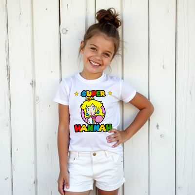 Front view of customizable Super Mario Birthday Bash T-shirt with space for name and age