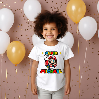 Child wearing Super Mario Birthday Bash T-shirt at birthday party