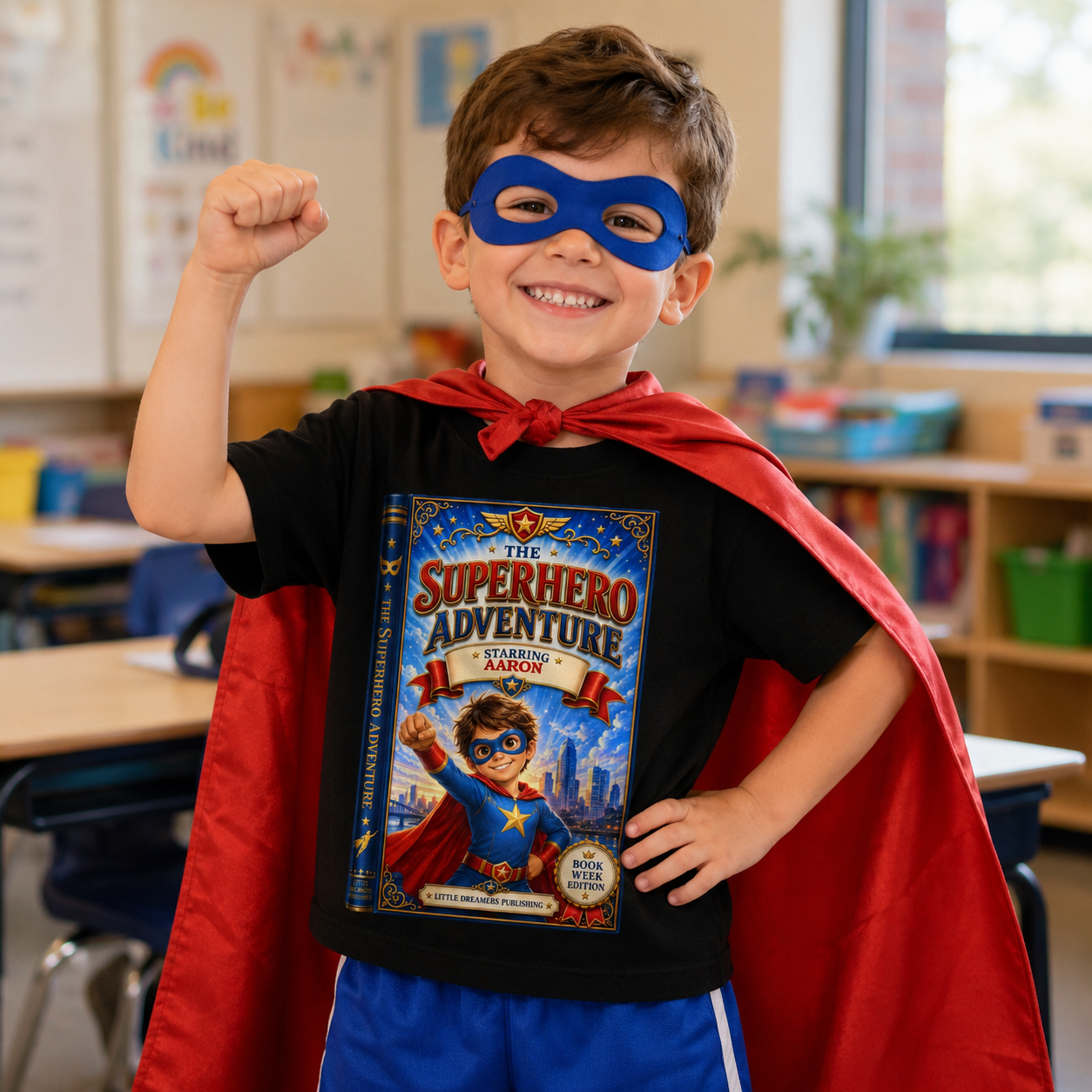 A young boy in a classroom wearing a black t-shirt with a colorful 'The Superhero Adventure' graphic print, a red cape, and a blue mask, posing with a raised fist.