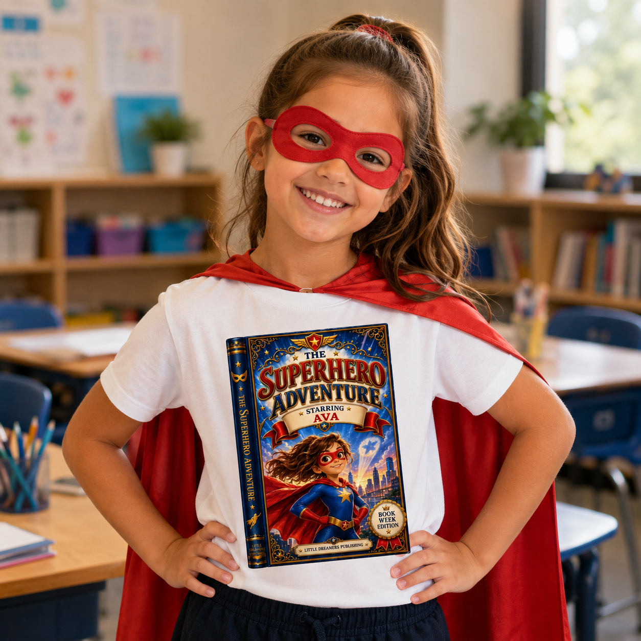 A young girl in a red superhero mask and cape stands in a classroom holding a hardcover book titled 'The Superhero Adventure: Chapter 1: NYA'. The book cover features a colorful illustration of a superhero in a blue and red costume against a city skyline.
