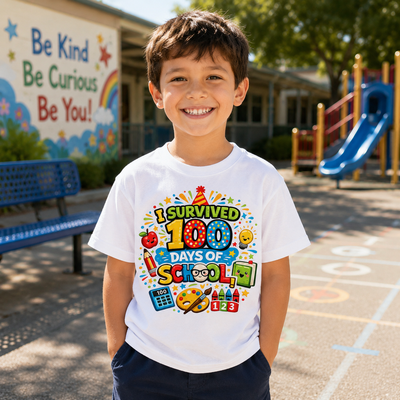 Child wearing a t-shirt celebrating 100 days of school on a school playground.