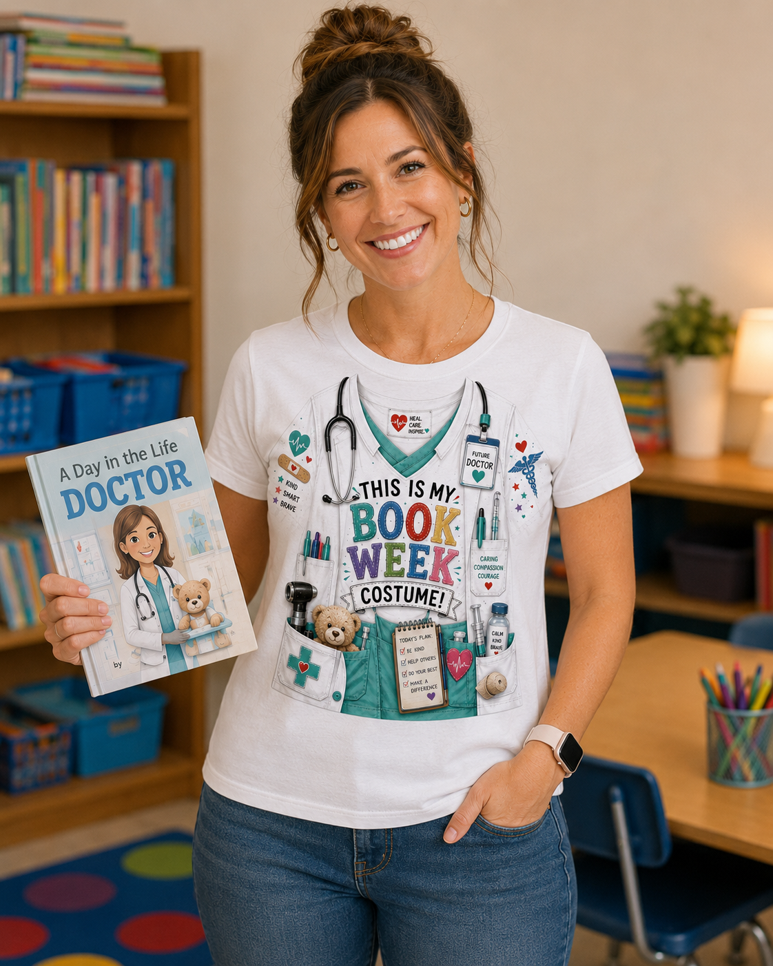 A smiling woman stands in a classroom-like setting wearing a white graphic T-shirt that reads 'This is my book week costume!' with medical and book-themed illustrations. She holds a book titled 'A Day in the Life DOCTOR' in one hand and wears blue jeans.