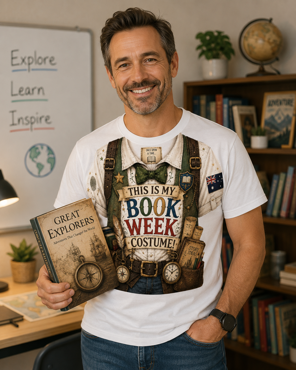 A smiling man in a book-themed costume stands in a classroom or library setting, wearing a white graphic T-shirt that reads 'THIS IS MY BOOK WEEK COSTUME!' with vintage explorer illustrations, and holding a book titled 'Great Explorers'.