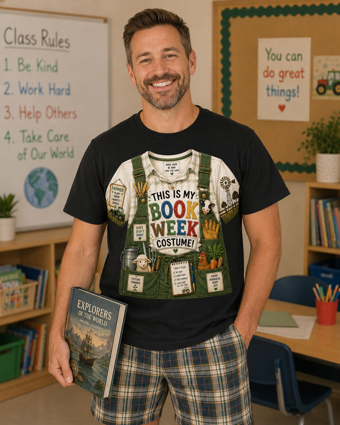 A smiling man stands in a classroom wearing a black graphic T-shirt with a colorful book-themed costume print on the front, paired with plaid shorts and holding a book.