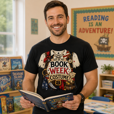 A smiling man in a classroom setting wearing a black graphic t-shirt with a pirate book week costume design, holding an open book. The background shows bookshelves and educational posters.