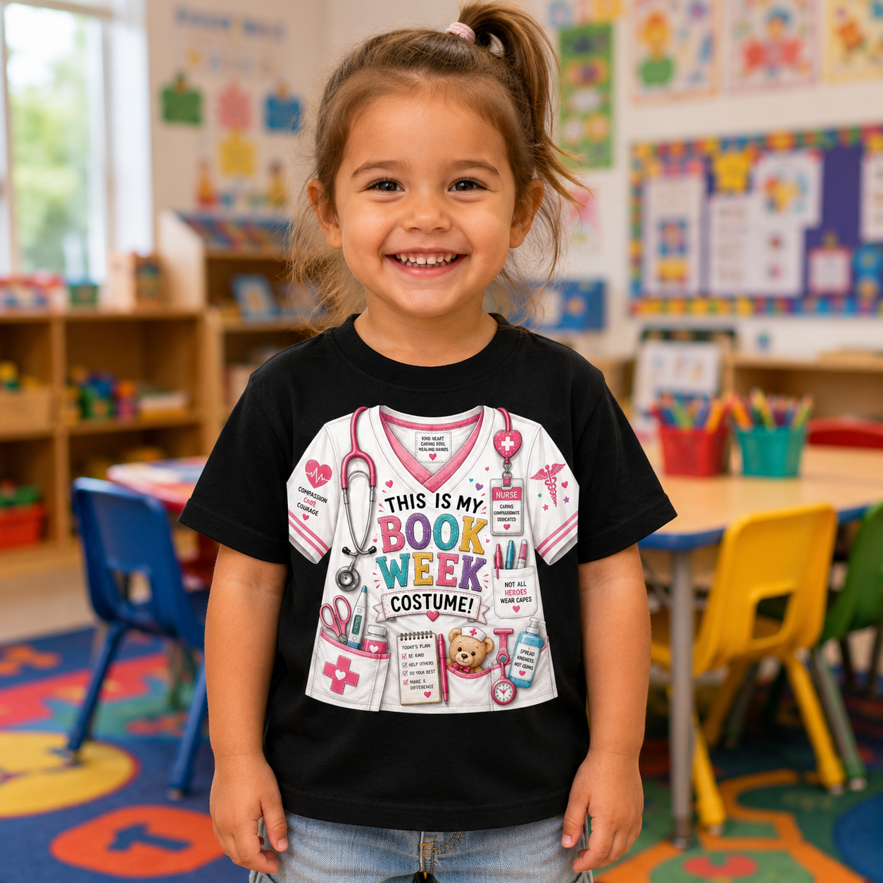 A young girl smiling in a colorful children's classroom, wearing a black graphic t-shirt that reads 'THIS IS MY BOOK WEEK COSTUME!' with a white medical-themed print featuring a stethoscope, syringe, and other illustrations.
