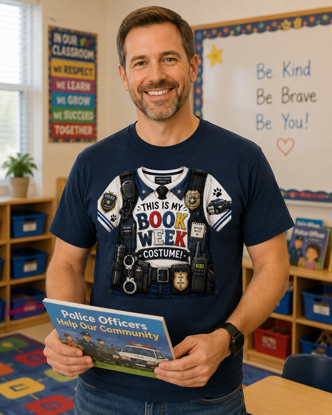 A smiling man in a classroom wearing a navy blue graphic t-shirt with a police officer costume design and holding a children's book titled 'Police Officers Help Our Community'.
