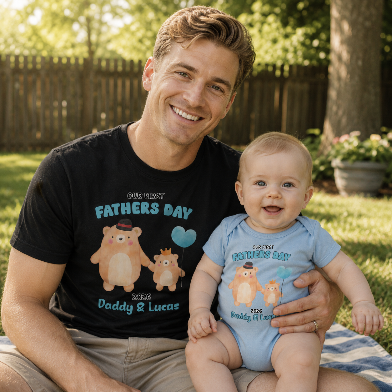 A smiling man and a baby sitting outdoors on a blanket, both wearing matching graphic t-shirts and bodysuits with a cartoon bear design and the text 'Our First Fathers Day 2026 Daddy & Lucas' and 'Our First Brothers Day 2026 Daddy & Lucas'.