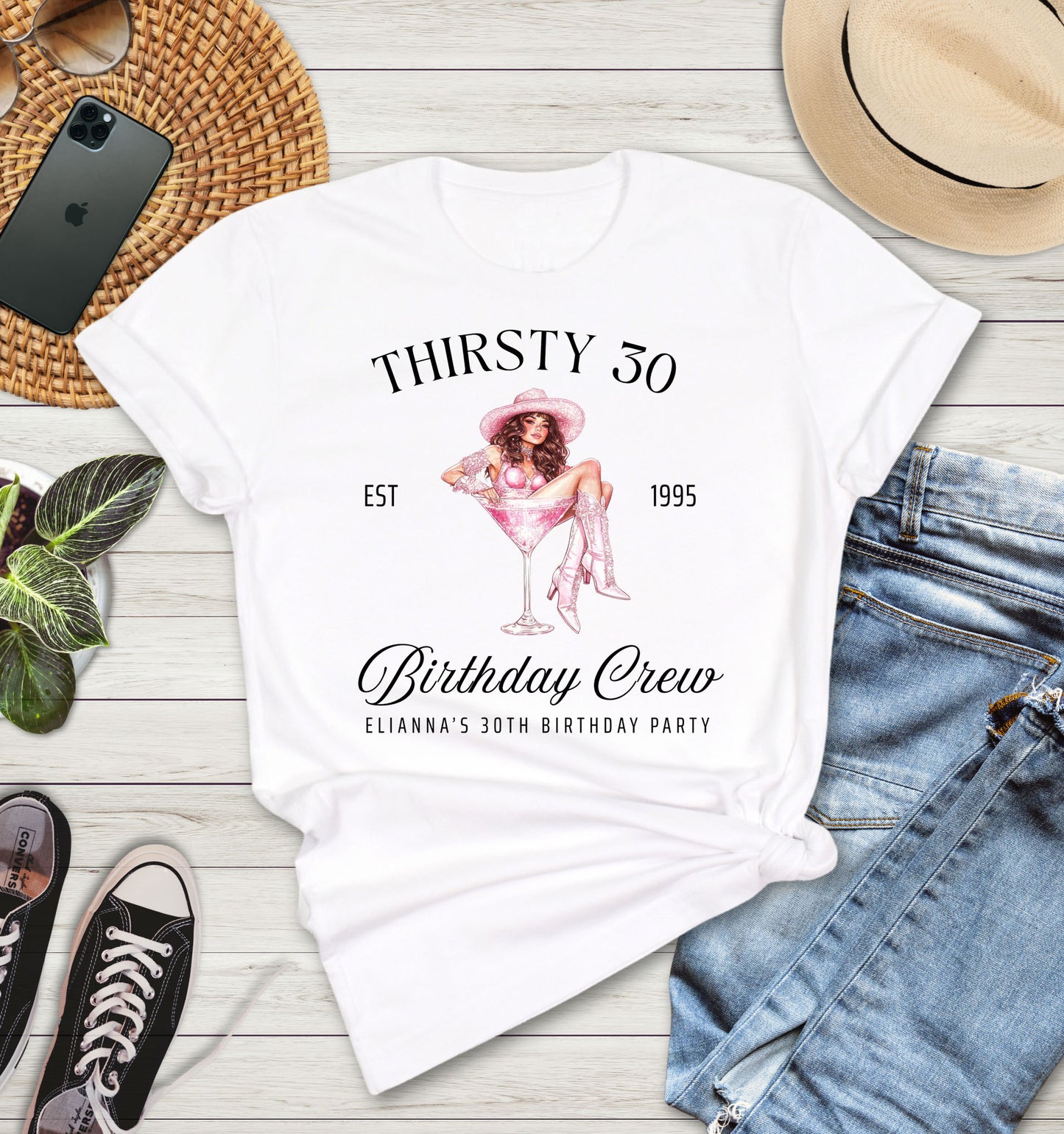 Close-up of Thirsty 30 Birthday Girl & Crew design on t-shirt