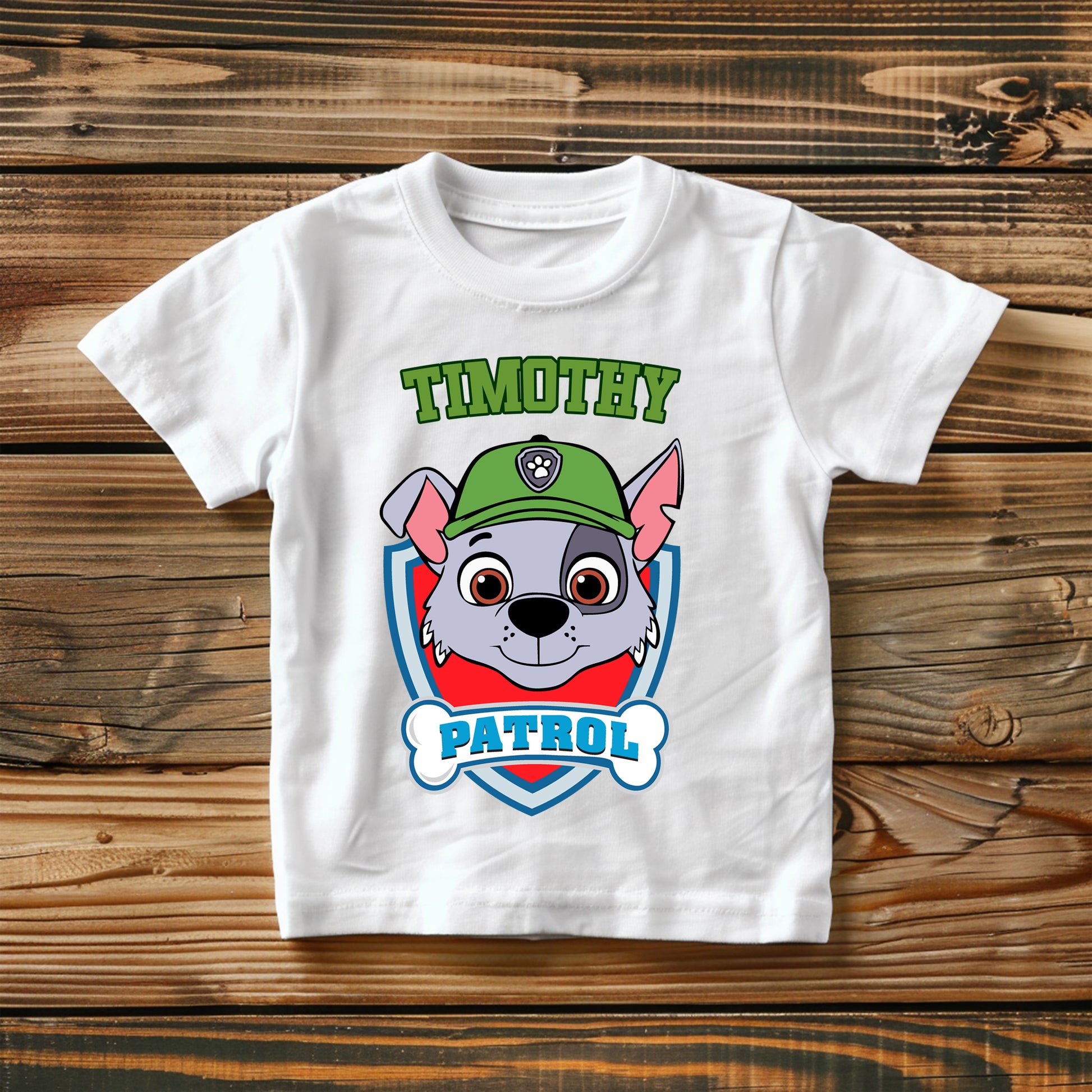 Personalised Paw Patrol shirt with hero pup design and custom text.