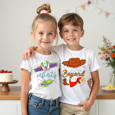 Family wearing The Infinity & Beyond matching t-shirts, smiling and celebrating at a Toy Story themed party.