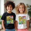 Kids wearing matching Toy Box Crew t-shirts, smiling at a Toy Story themed birthday party.