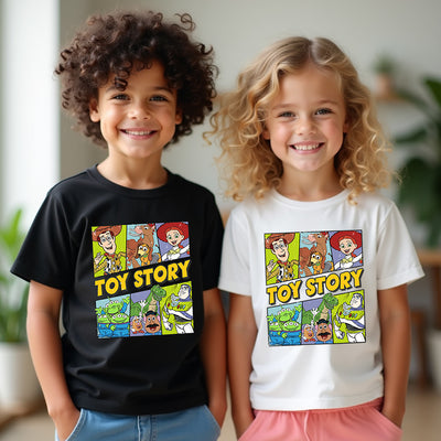 Kids wearing matching Toy Box Crew t-shirts, smiling at a Toy Story themed birthday party.