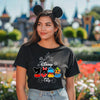  White Disney-inspired t-shirt with “Castle Bound Crew” colorful castle graphic