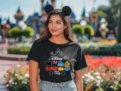  White Disney-inspired t-shirt with “Castle Bound Crew” colorful castle graphic