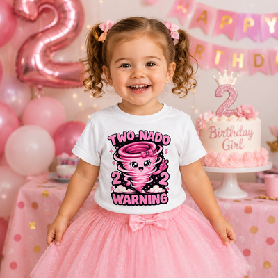 Child at a birthday party wearing a shirt with 'Two-Nado 2  Warning' design, surrounded by pink decorations.