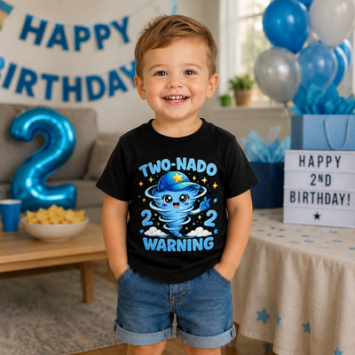 Child wearing a black t-shirt with a blue character and text at a birthday party.