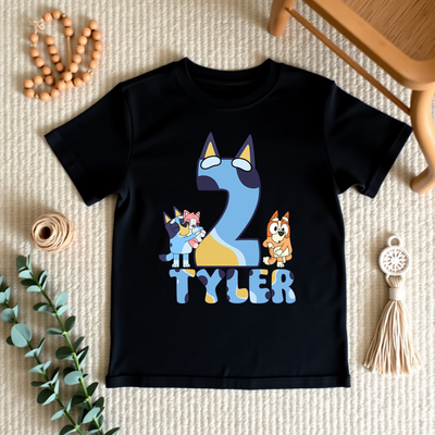 Custom Bluey birthday t-shirt for kids with birthday number and name