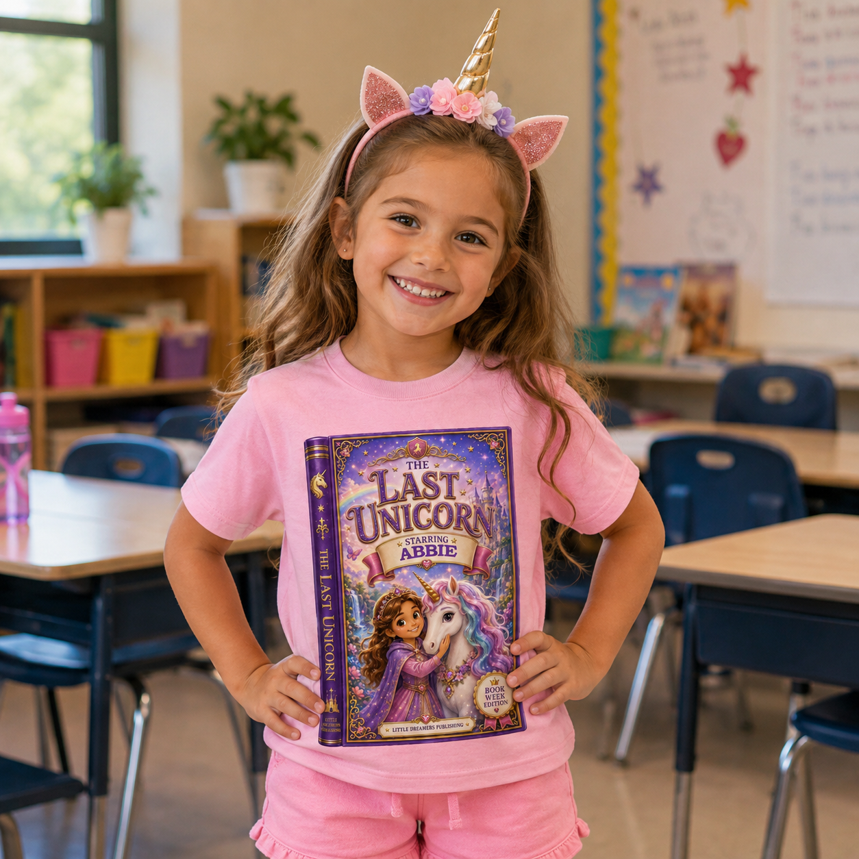girl in classroom wearing pink tshirt with last unicorn graphic book wood printed on her tshirt