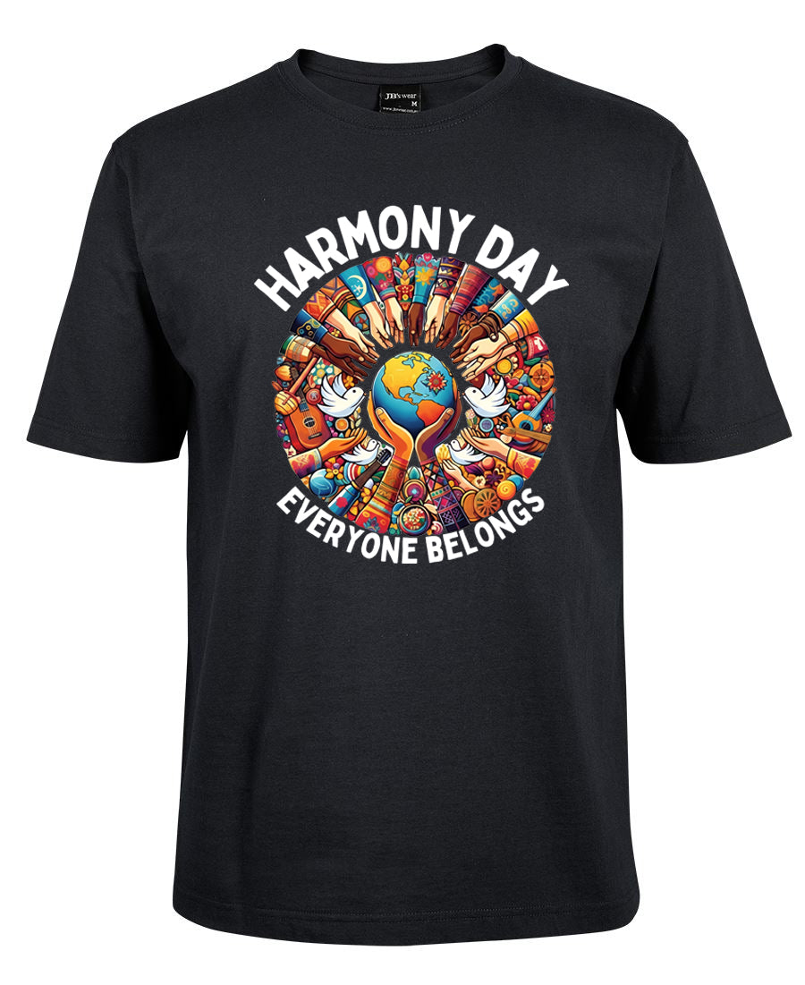 Black t-shirt with 'Harmony Day Everyone Belongs' graphic design on a white background