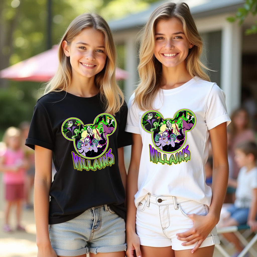Front view of Villain Vibes T-shirt with Mickey-shaped design filled with Disney villains