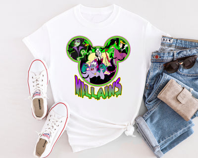 Flat lay of Villain Vibes shirt styled with jeans and accessories for Halloween or park day
