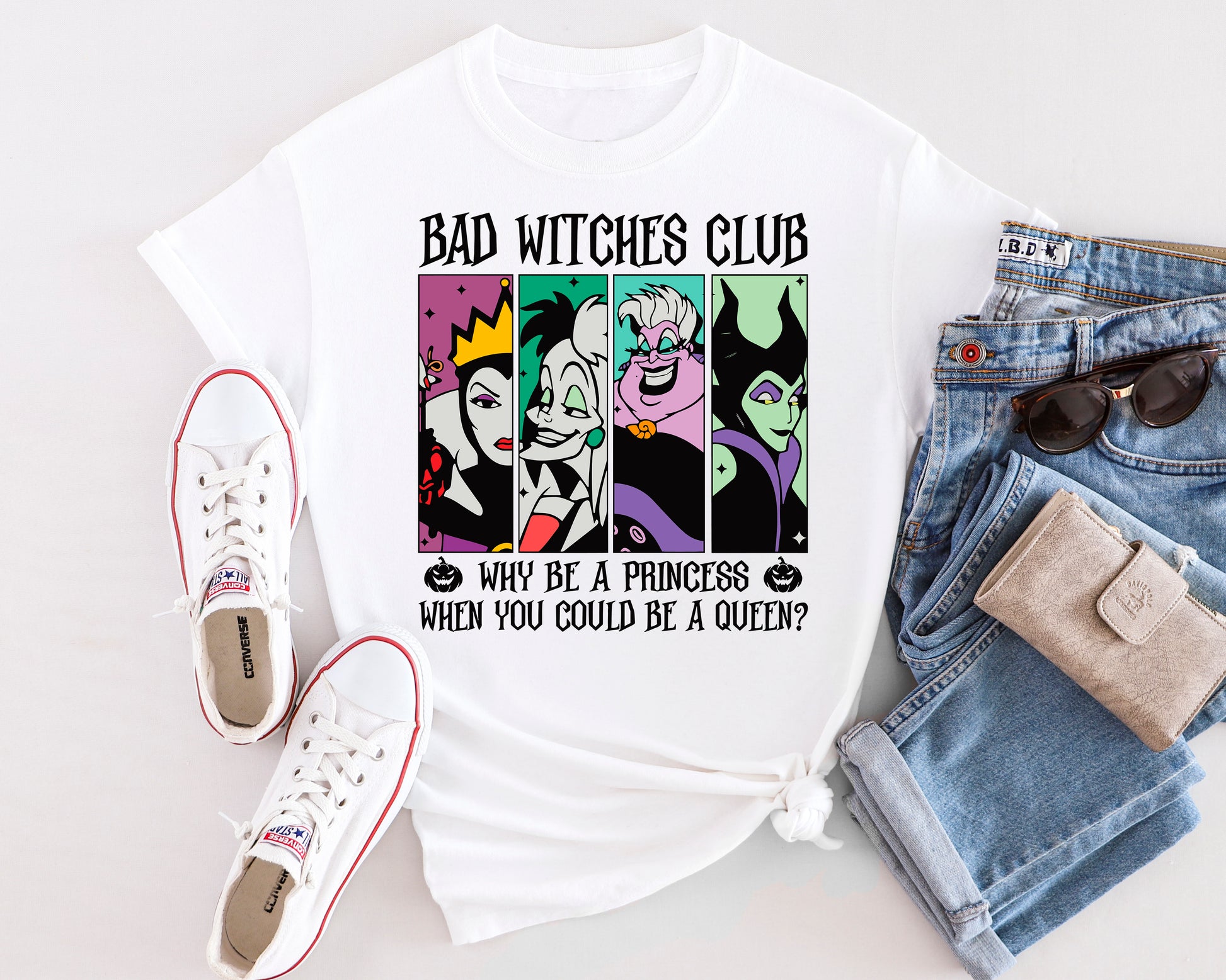 Close-up of “Bad Witches Club” and “Why be a princess…” design with strong print detail