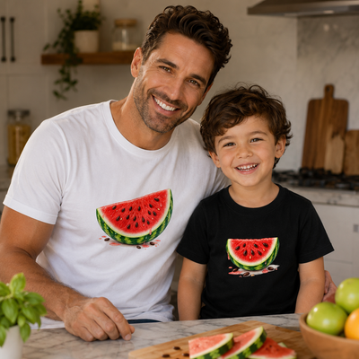 A smiling man and a young boy standing together in a bright kitchen, each wearing a watermelon slice graphic T-shirt. The man wears a white T-shirt with a red watermelon print, and the boy wears a black T-shirt with the same watermelon print.