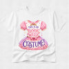 A white short-sleeve crewneck t-shirt featuring a colorful graphic of a pink princess dress with the text 'THIS IS MY BOOK WEEK COSTUME!' printed on the front.