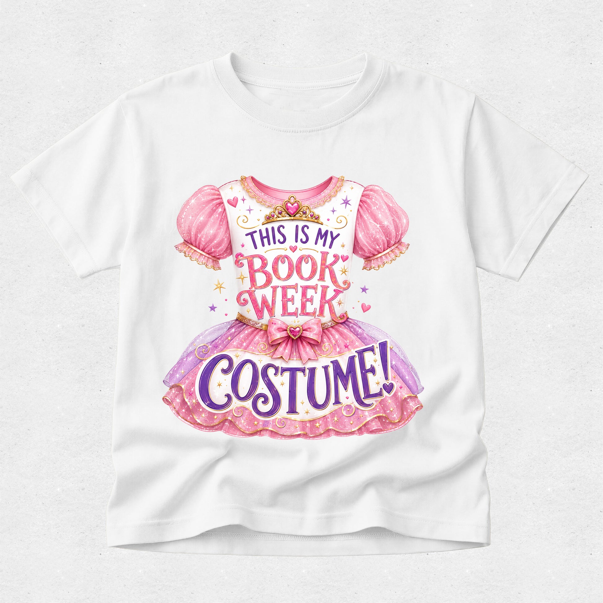 A white short-sleeve crewneck t-shirt featuring a colorful graphic of a pink princess dress with the text 'THIS IS MY BOOK WEEK COSTUME!' printed on the front.