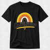 A black short-sleeve crewneck t-shirt featuring a retro-style rainbow graphic with the text 'START THE Conversation' and a small yellow heart below, displayed on a light gray textured background.