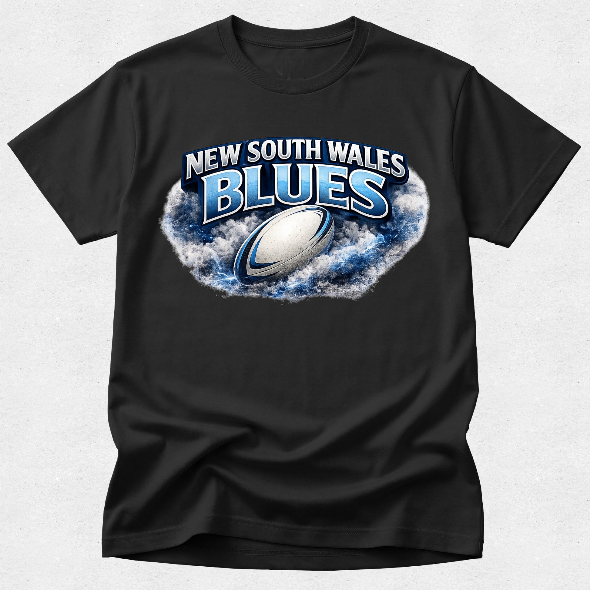 Black t-shirt with New South Wales Blues rugby design on a white background