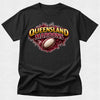 Black t-shirt with Queensland Maroons logo featuring a rugby ball on a white background