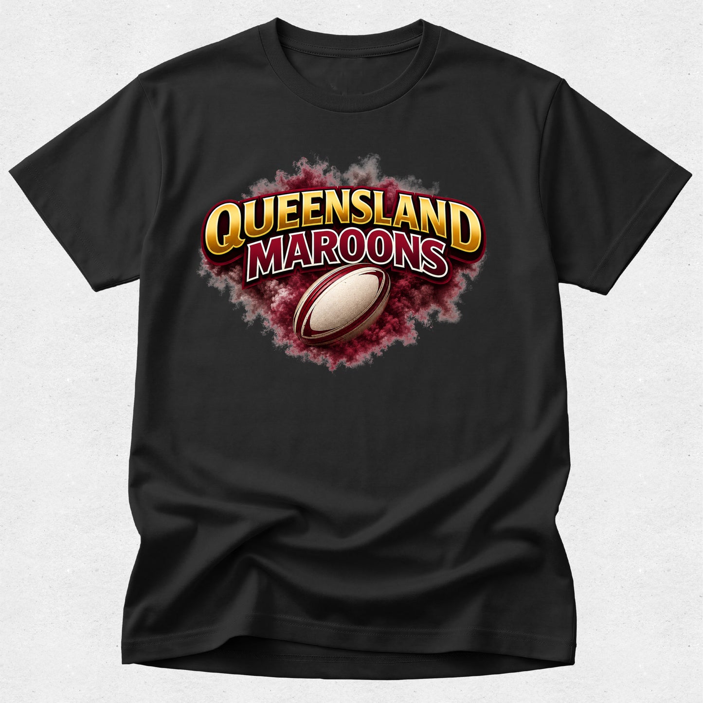Black t-shirt with Queensland Maroons logo featuring a rugby ball on a white background