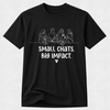 A black short-sleeve crewneck t-shirt with a white graphic print on the front. The graphic features a minimalist line drawing of four people sitting and the text 'SMALL CHATS.