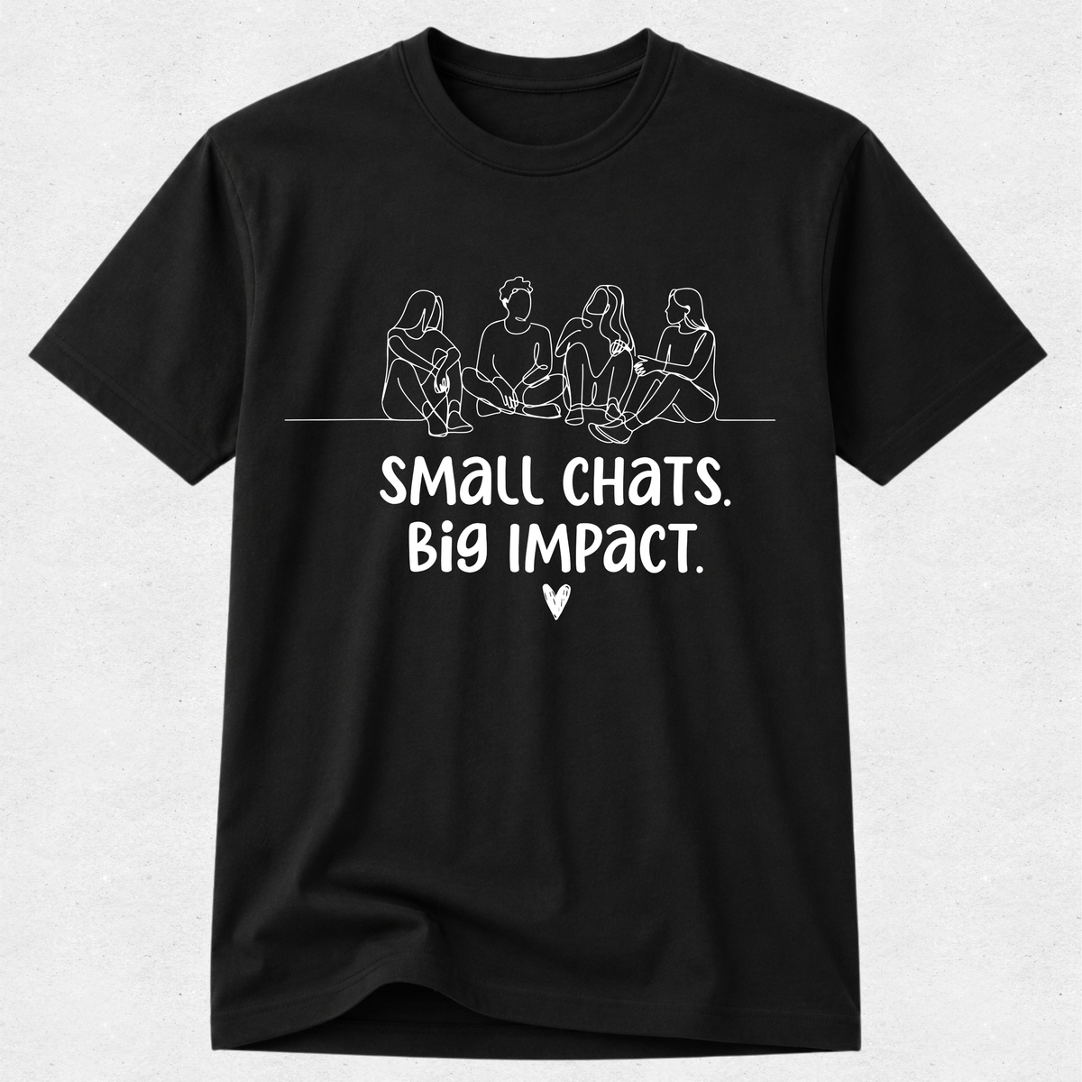 A black short-sleeve crewneck t-shirt with a white graphic print on the front. The graphic features a minimalist line drawing of four people sitting and the text 'SMALL CHATS.