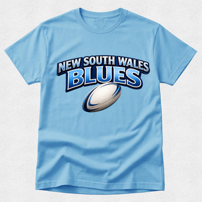 Light blue t-shirt with 'New South Wales Blues' text and rugby ball graphic on a light gray background