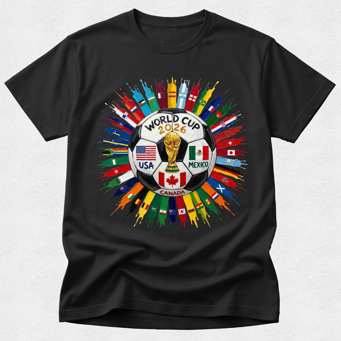 Black t-shirt with World Cup 2026 design featuring a soccer ball and flags on a white background