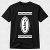 A black short-sleeve crewneck t-shirt featuring a white graphic print of a crayon labeled 'Crayon' on the front, displayed against a light gray textured background.