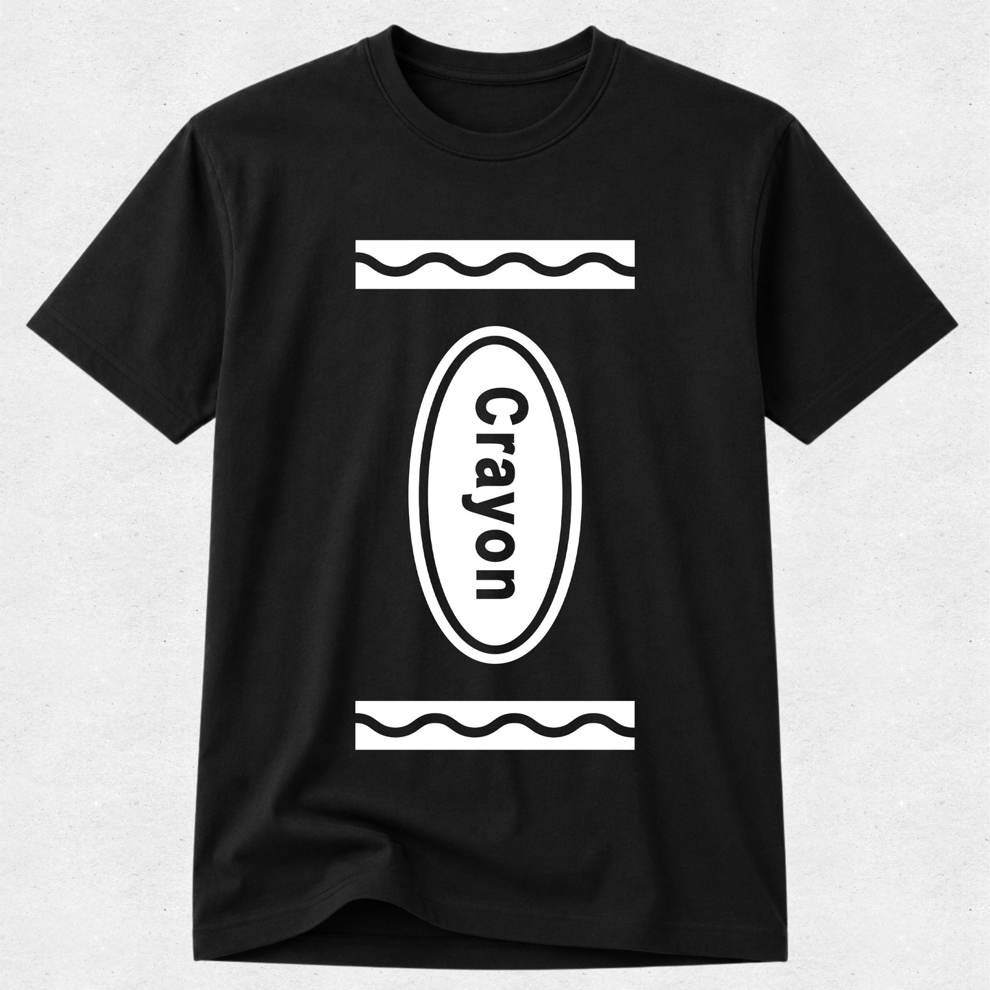 A black short-sleeve crewneck t-shirt featuring a white graphic print of a crayon labeled 'Crayon' on the front, displayed against a light gray textured background.