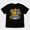 Black t-shirt with colorful '100 Days of Prep' design featuring a kangaroo, koala, and other elements on a light gray background.