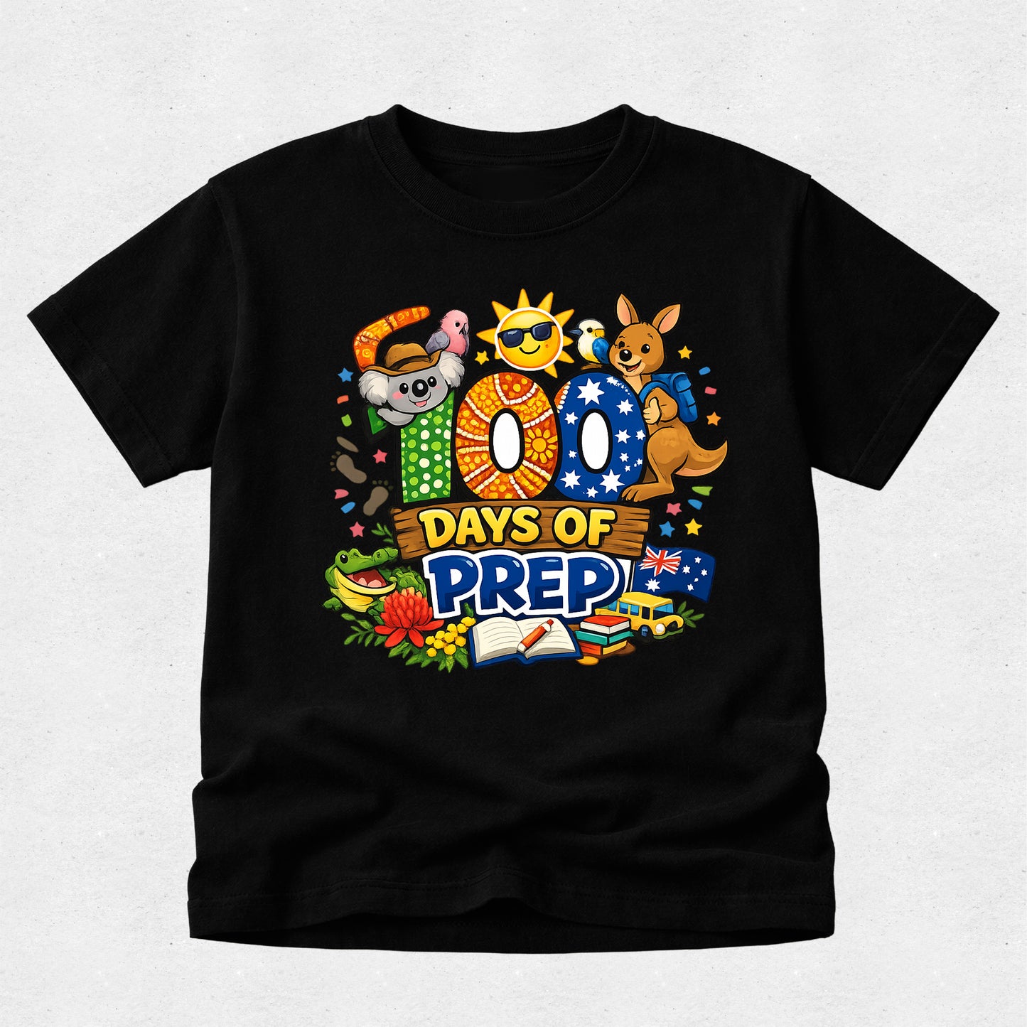 Black t-shirt with colorful '100 Days of Prep' design featuring a kangaroo, koala, and other elements on a light gray background.