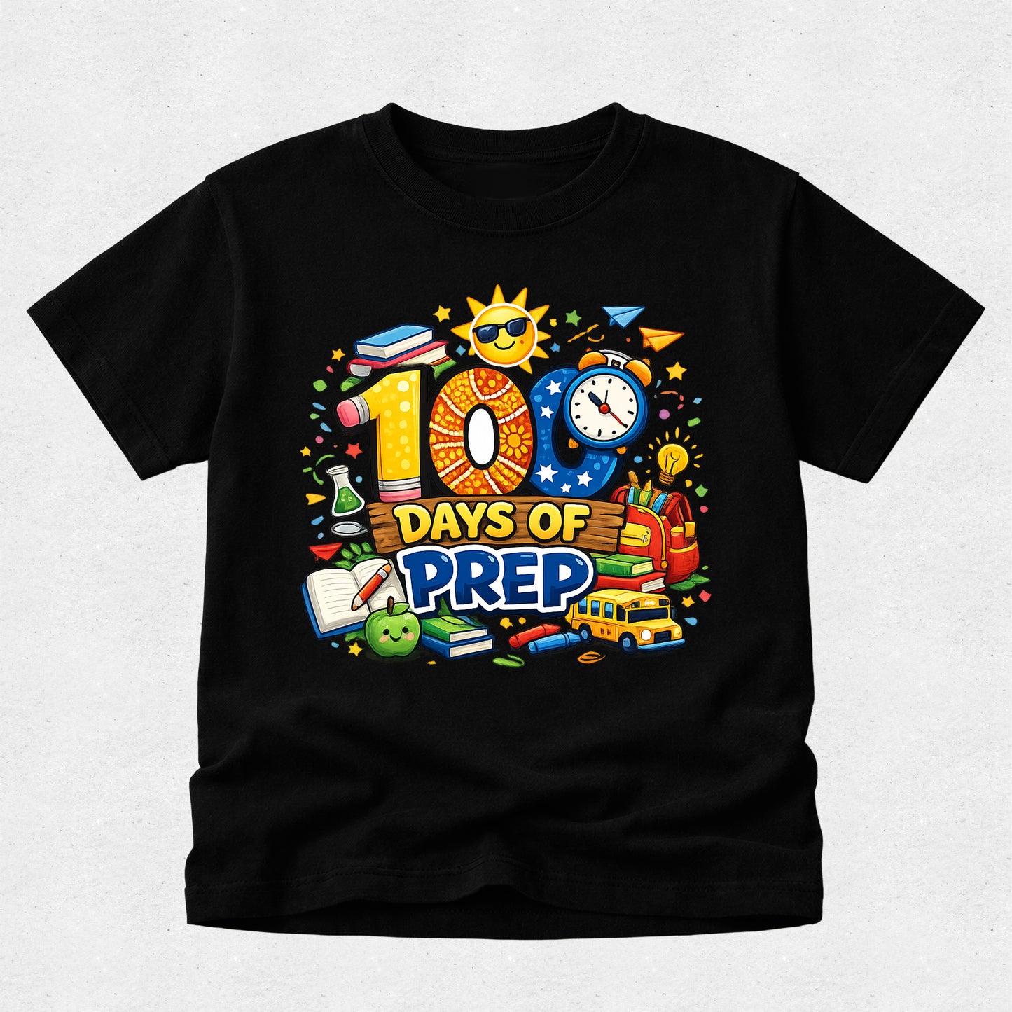 Black t-shirt with colorful '100 Days of Prep' design on a light gray background