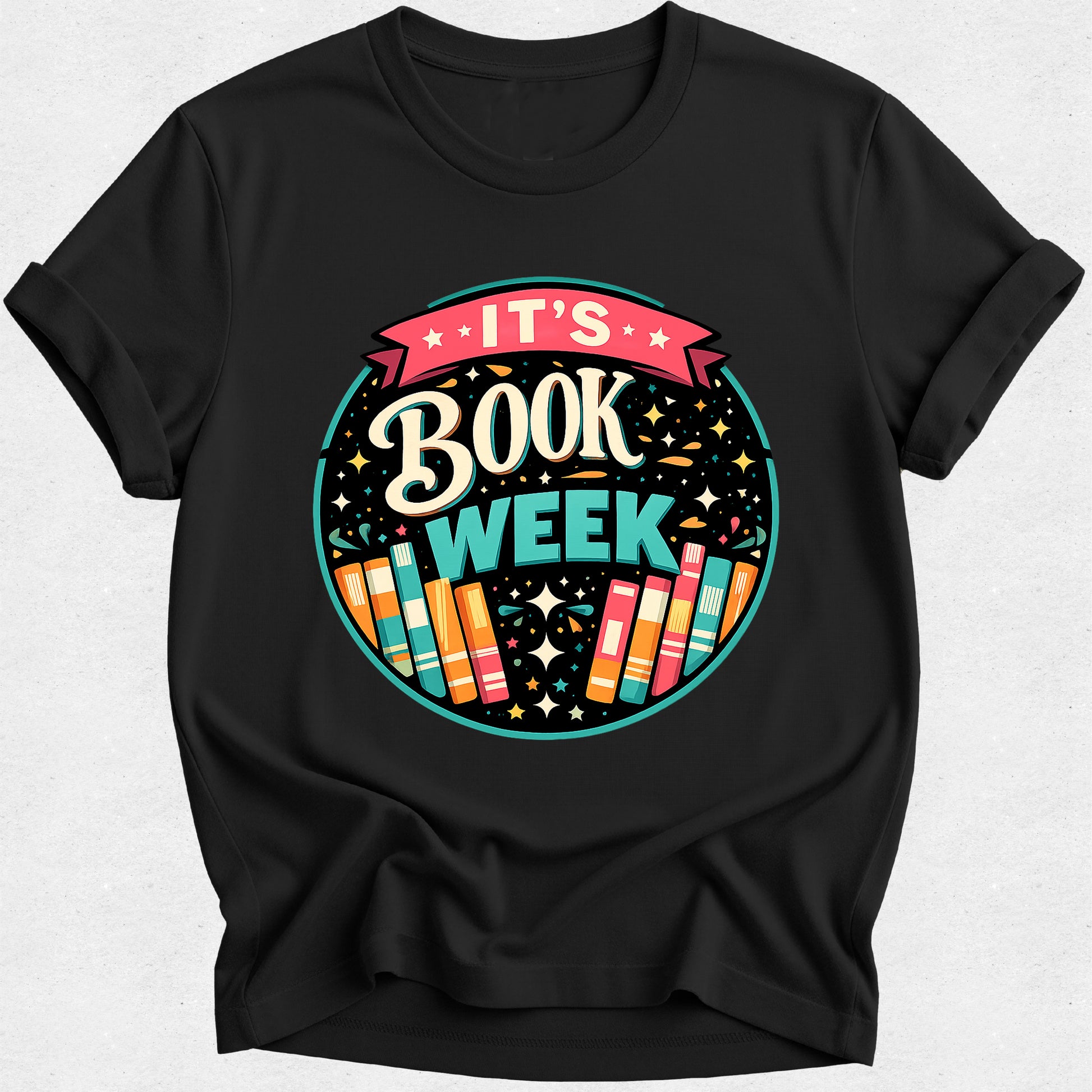 A black short-sleeve crewneck t-shirt featuring a colorful 'IT'S BOOK WEEK' graphic on the chest, displayed against a light gray background.