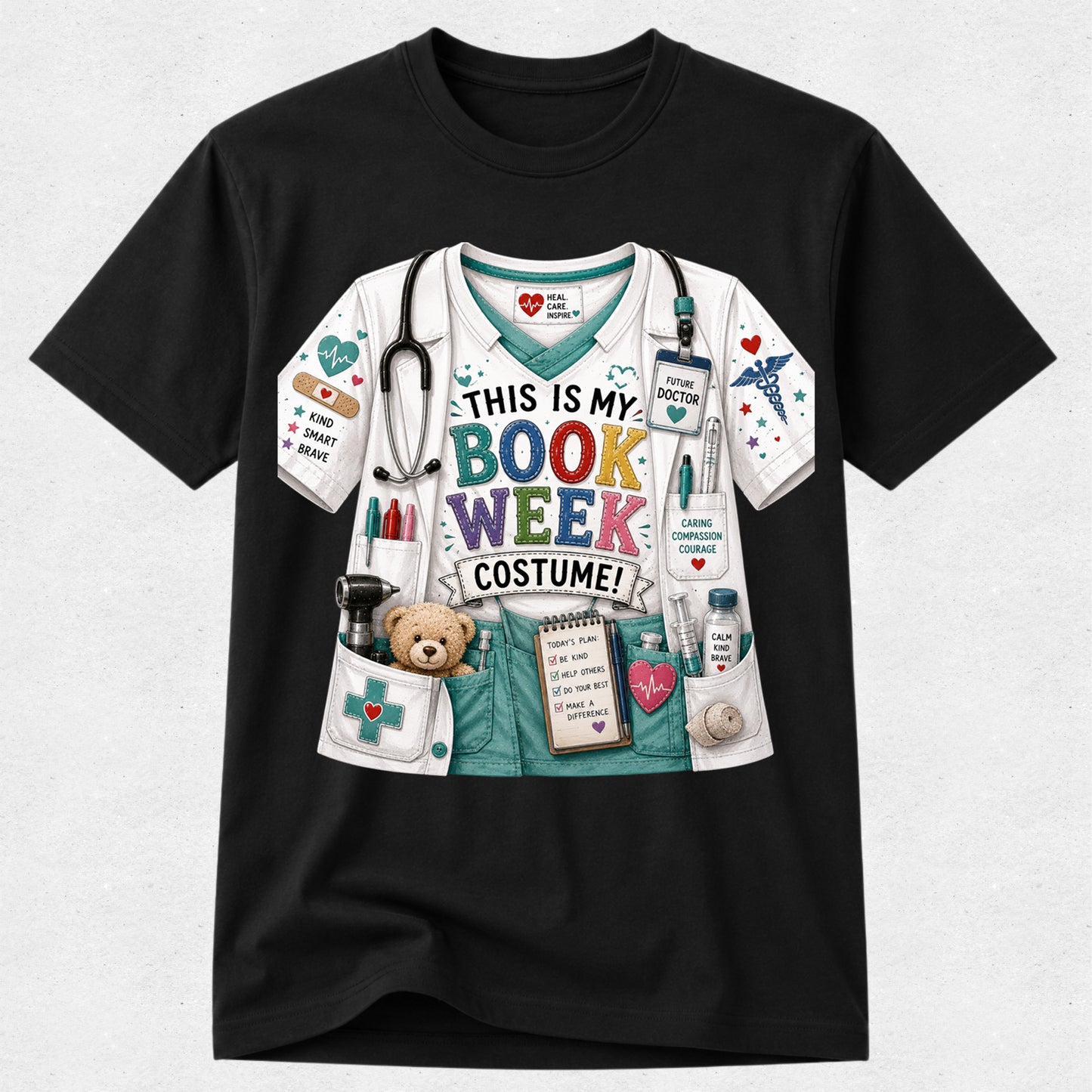 A black short-sleeve crewneck t-shirt featuring a colorful graphic print of a bookish doctor costume. The graphic depicts a white and teal scrub top with a stethoscope, medical badges, a teddy bear in a pocket, and the text 'THIS IS MY BOOK WEEK COSTUME!' in multicolored letters.
