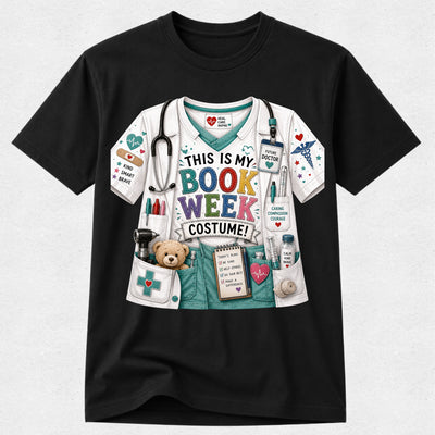 A black short-sleeve crewneck t-shirt featuring a colorful graphic print of a bookish doctor costume. The graphic depicts a white and teal scrub top with a stethoscope, medical badges, a teddy bear in a pocket, and the text 'THIS IS MY BOOK WEEK COSTUME!' in multicolored letters.