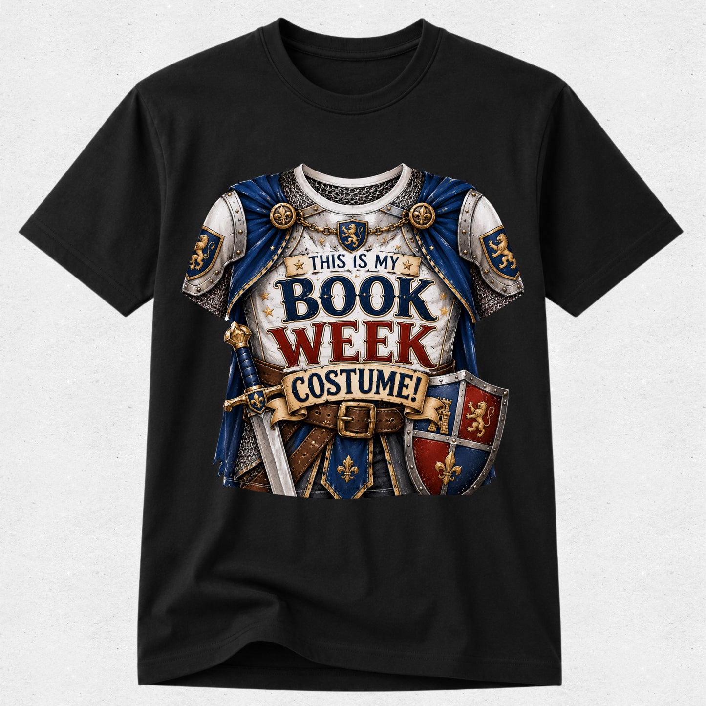 A black short-sleeve crewneck t-shirt featuring a detailed graphic print of a medieval knight's costume armor with the text 'THIS IS MY BOOK WEEK COSTUME!'. The graphic includes blue and white armor, gold accents, a sword, and a shield, displayed against a light gray background.