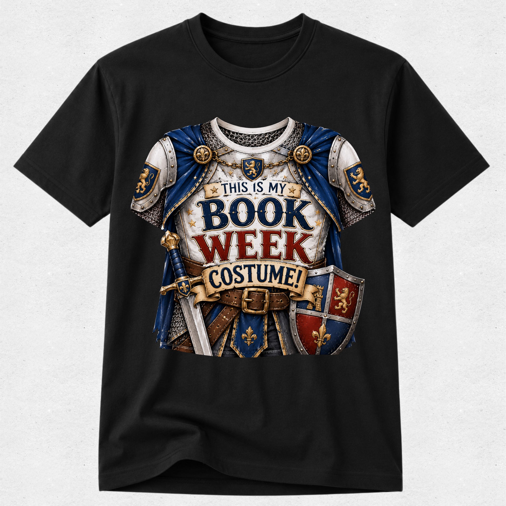 A black short-sleeve crewneck t-shirt featuring a detailed graphic print of a medieval knight's costume armor with the text 'THIS IS MY BOOK WEEK COSTUME!'. The graphic includes blue and white armor, gold accents, a sword, and a shield, displayed against a light gray background.