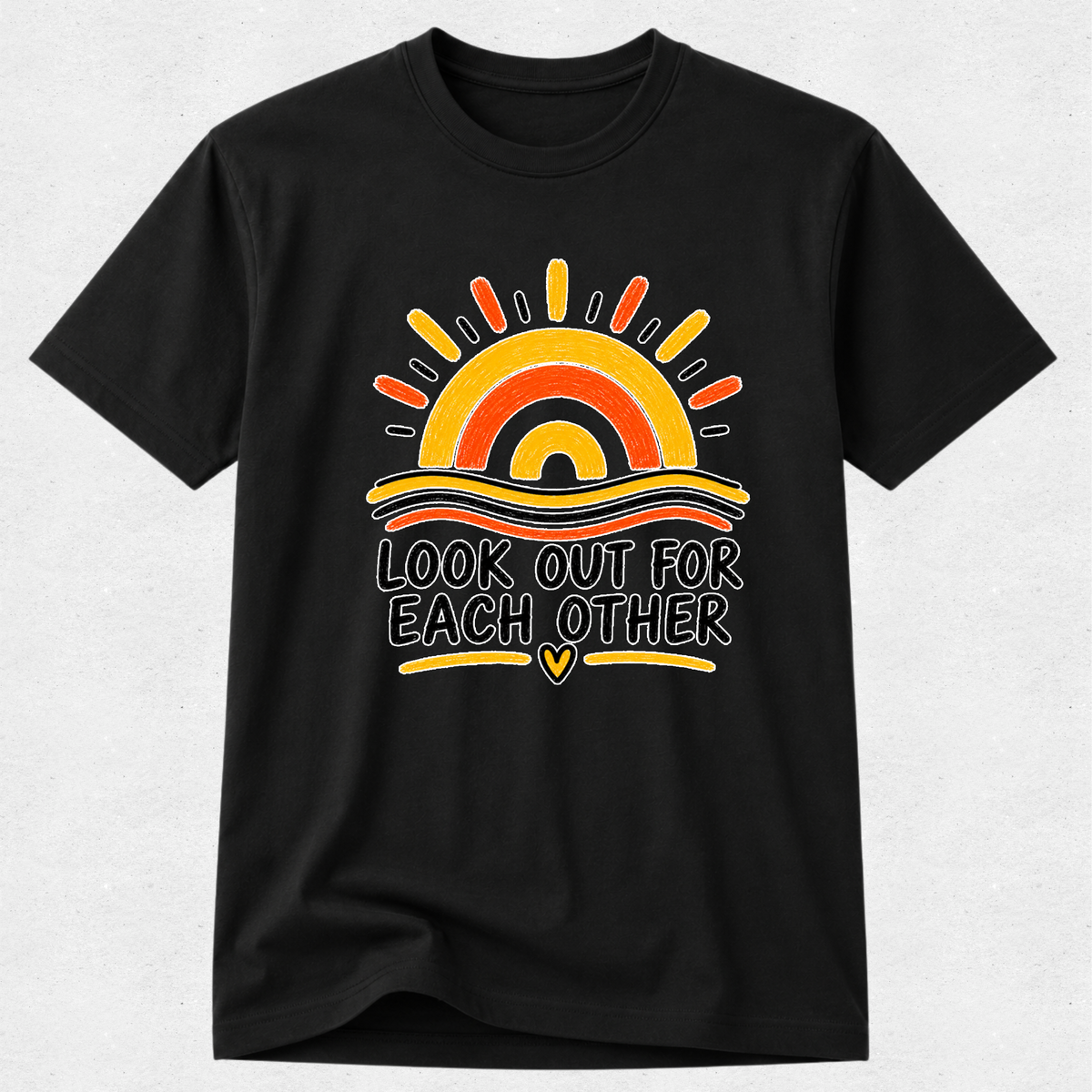A black short-sleeve crewneck t-shirt with a retro sunset graphic and the text 'LOOK OUT FOR EACH OTHER' printed on the chest, displayed against a light gray textured background.