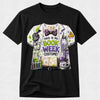 A black short-sleeve crewneck t-shirt featuring a detailed graphic print of a white lab coat dressed in a science teacher costume with purple and green accents, text reading 'THIS IS MY BOOK WEEK COSTUME!', and illustrated lab equipment.